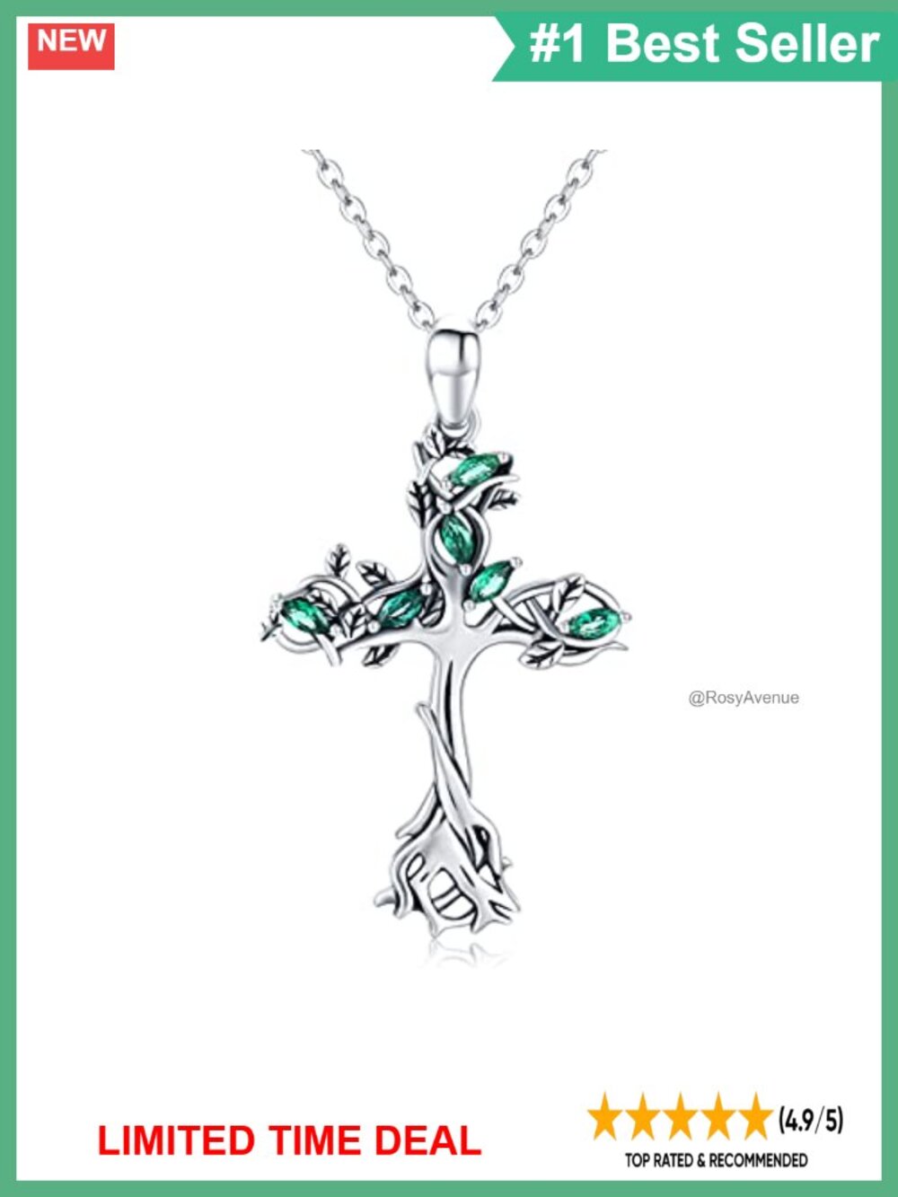 925 Sterling Silver Tree of Life Cross Necklace Emerald Celtic Pendant 18in